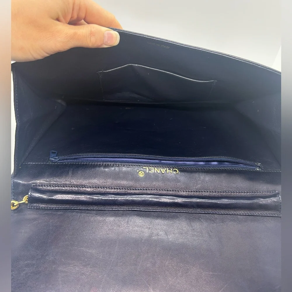 CHANEL Vintage Coco Mark Chain Navy Blue Lambskin Gold Chain Bag